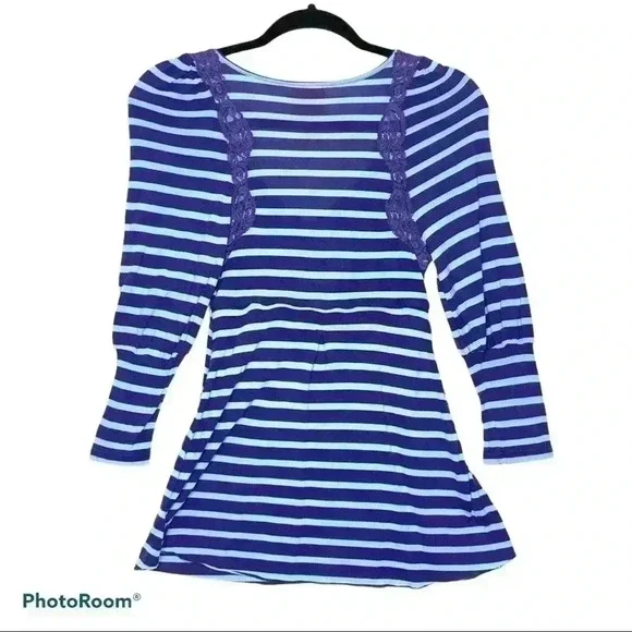 Free People Blue Striped Top With Lace - Picture 4 of 7